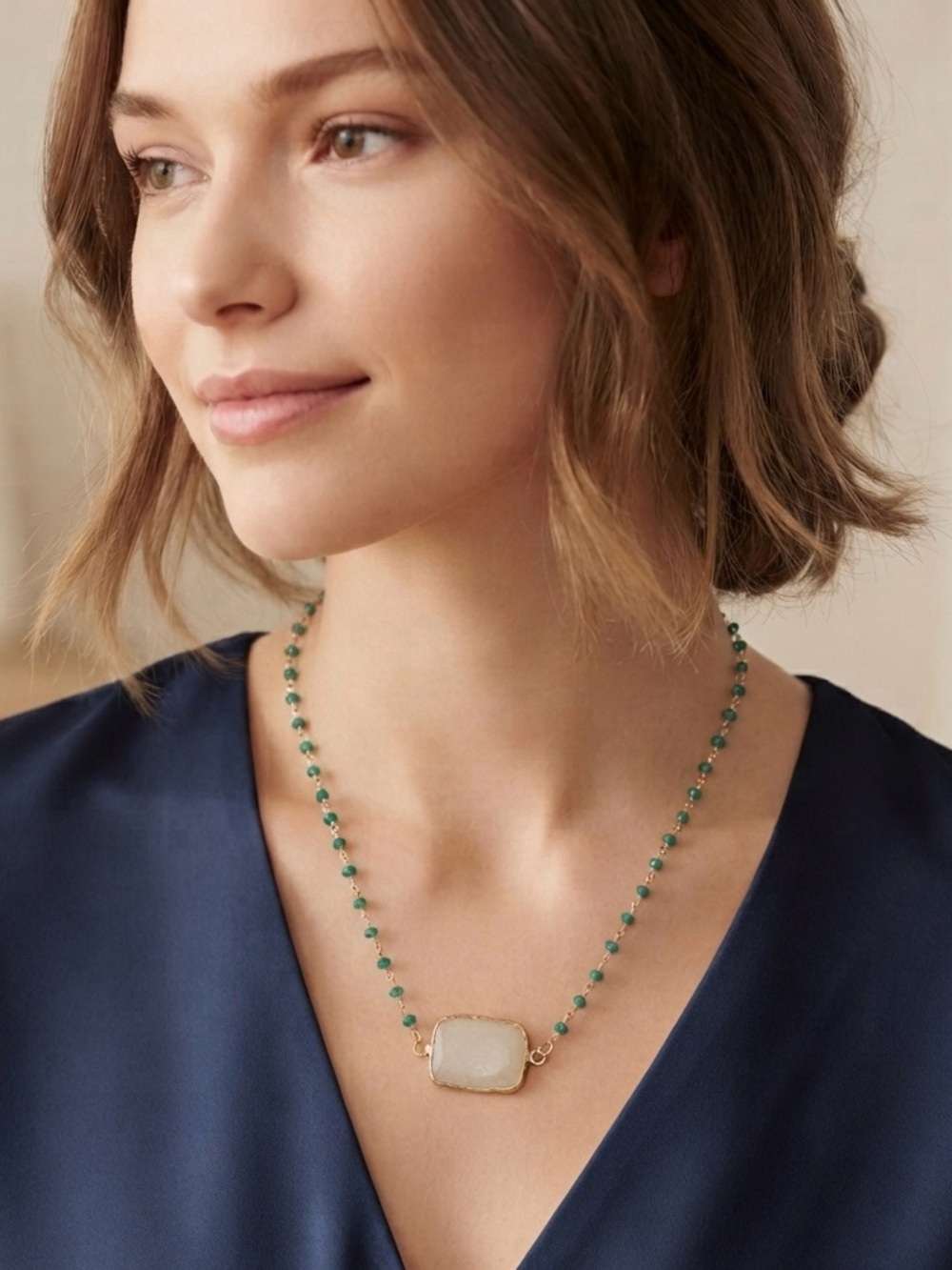 Gold-Trim White Druzy Pendant Necklace with Green Beaded Chain